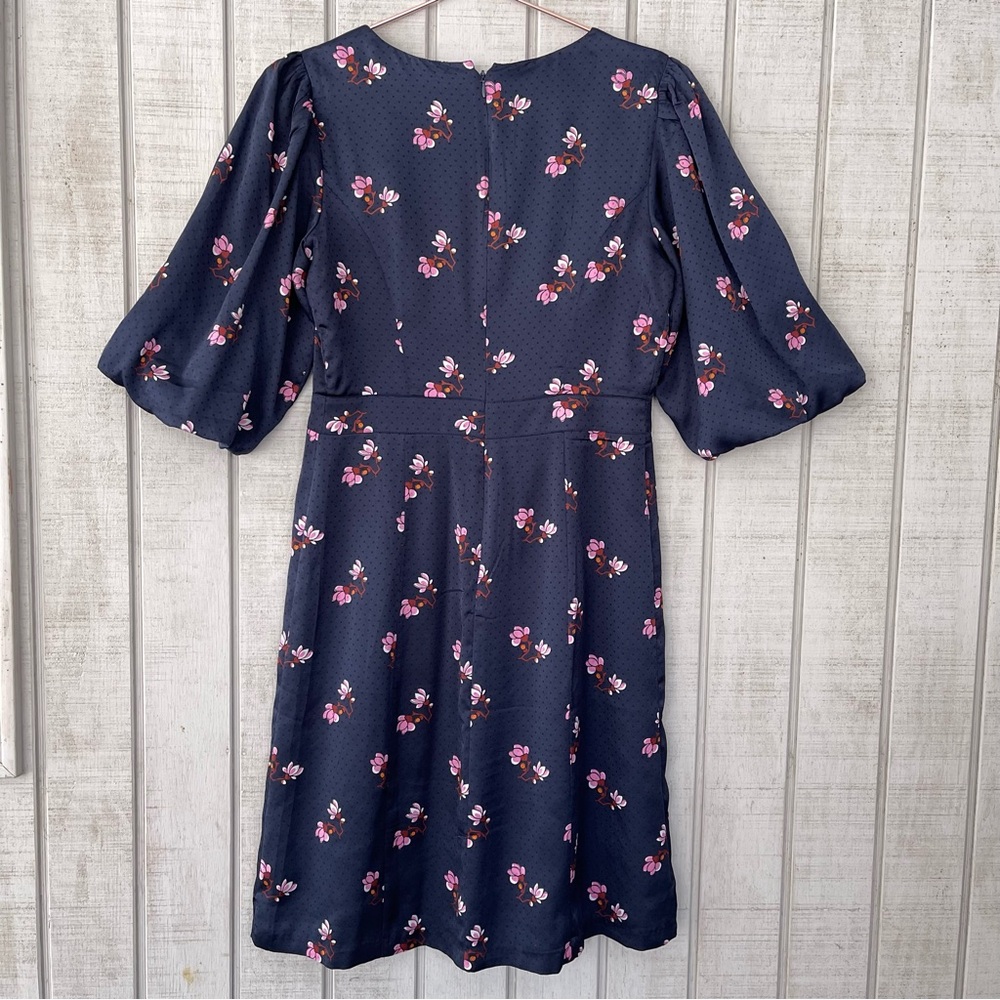Ann Taylor Navy Floral Polka Dot Midi Dress Puff Sleeve Button Front 2 - Picture 7 of 7
